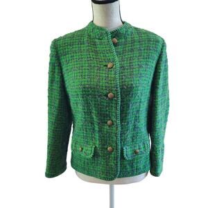 Vintage Women's Green Tweed Plaid Blazer Jacket Brass Buttons Collarless